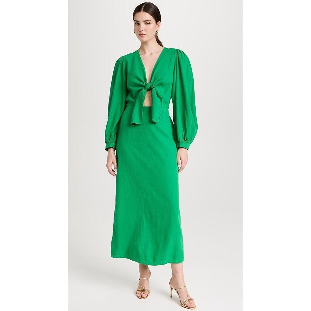 YFB Dress Womens XS Grass Green Linen Blend Tie Front Cutout Balloon Sleeve Midi